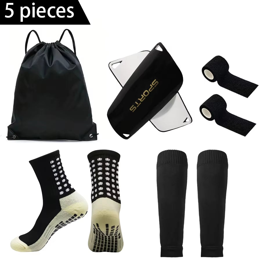 5PCS Set Football Bag Soccer Socks Teenagers Men Sport Grip Socks Soccer Leg Cover Bandage Shin Pads Soccer Training Shank Board