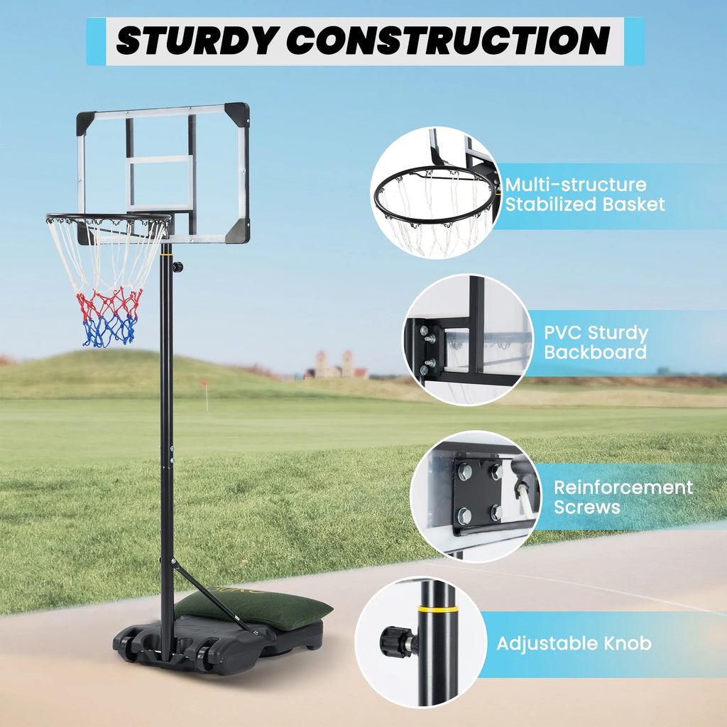 28In Basketball Hoop Basketball Goal System Height Adjustable 5.1Ft to 7Ft Court for All Age Ranges Indoor Outdoor Use