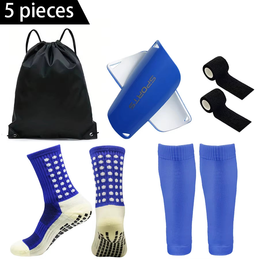 5PCS Set Football Bag Soccer Socks Teenagers Men Sport Grip Socks Soccer Leg Cover Bandage Shin Pads Soccer Training Shank Board