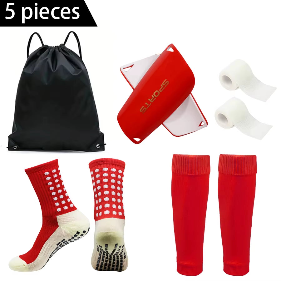 5PCS Set Football Bag Soccer Socks Teenagers Men Sport Grip Socks Soccer Leg Cover Bandage Shin Pads Soccer Training Shank Board